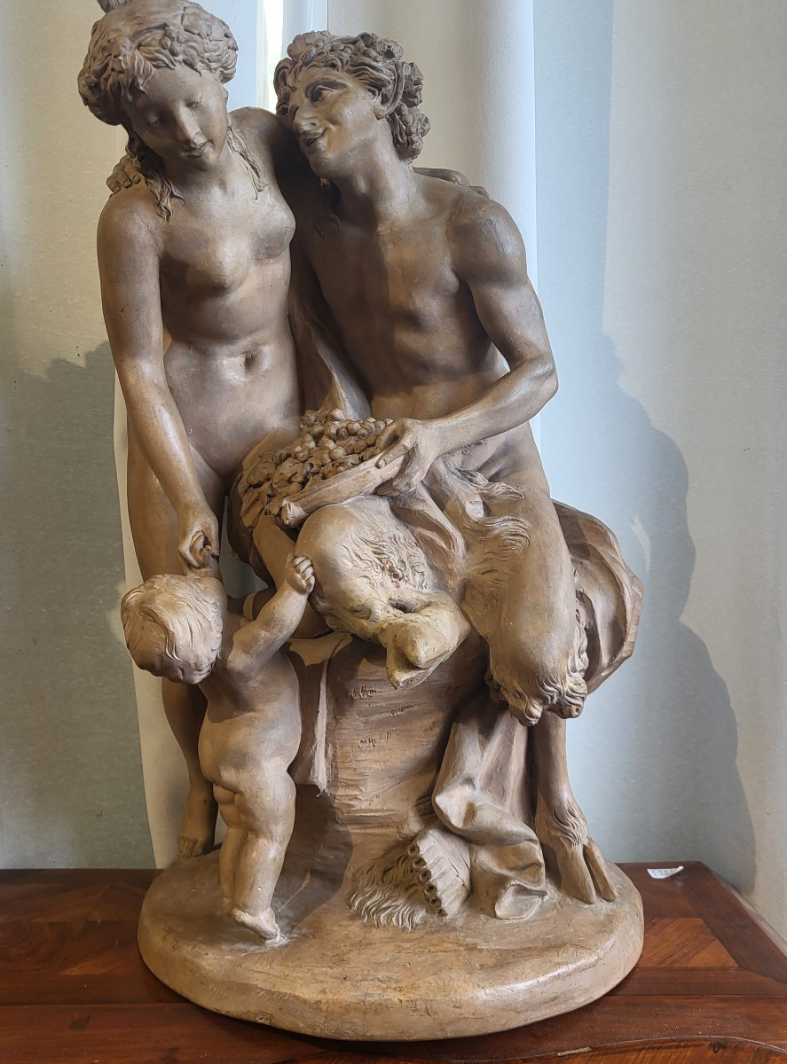 Groupe  terre cuite Satyre et bacchante Clodion   XIXe  H 47 cm-photo-2