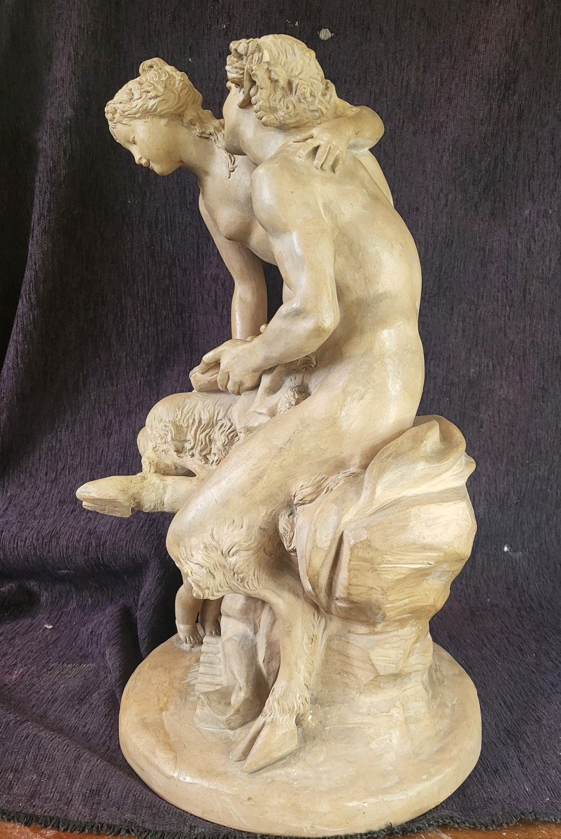 Groupe  terre cuite Satyre et bacchante Clodion   XIXe  H 47 cm-photo-6