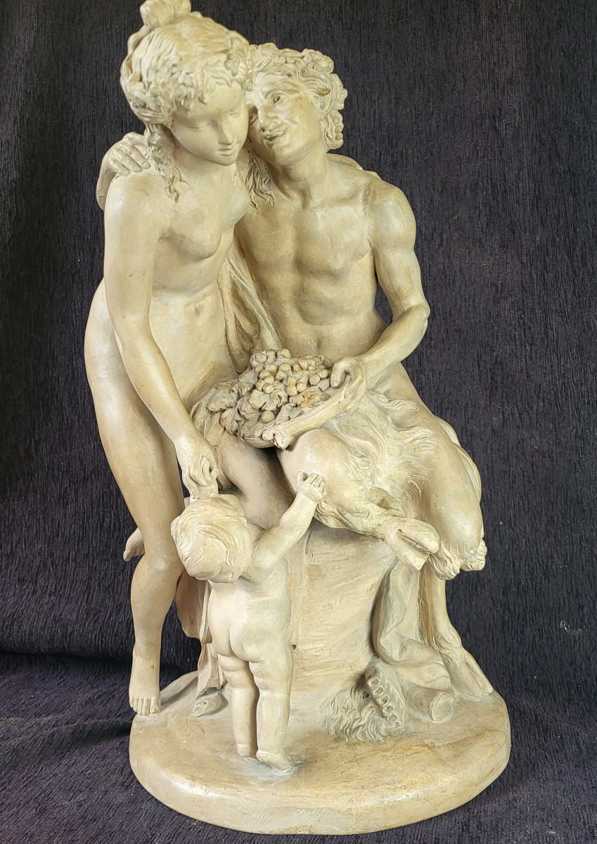 Groupe  terre cuite Satyre et bacchante Clodion   XIXe  H 47 cm