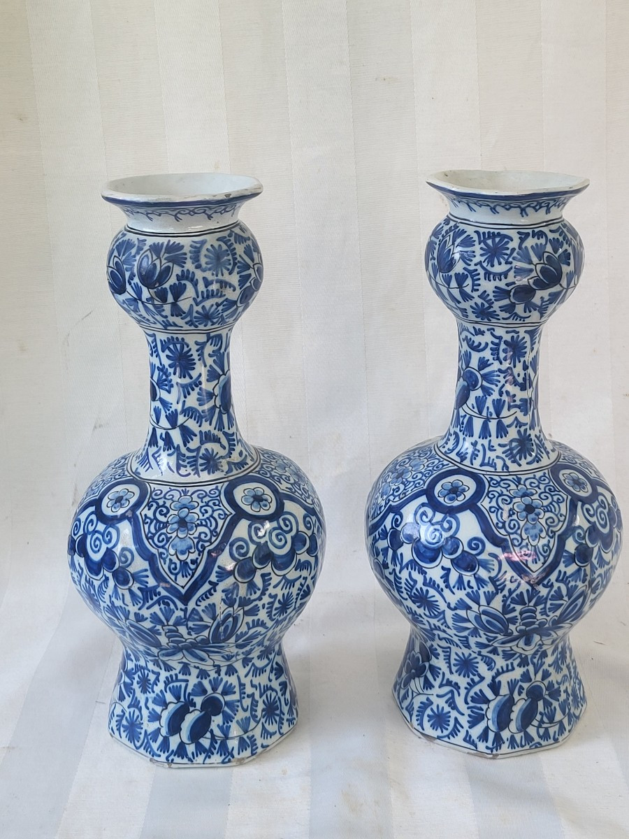 Pair Of Delft Bottle Vases 18th Century-photo-4