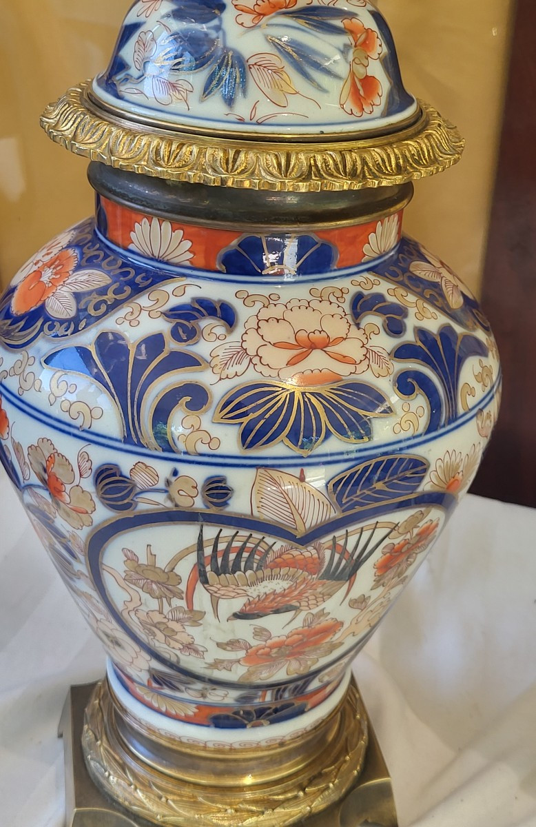 Paire de  grandes potiches/ lampes Imari Japon  XIXe   monture bronze doré -photo-2