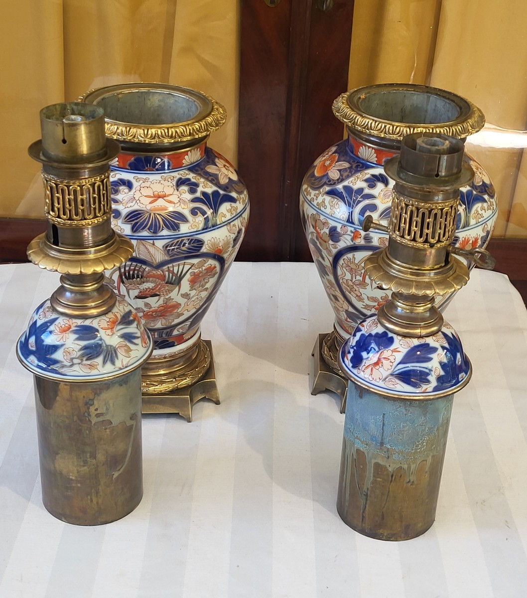 Paire de  grandes potiches/ lampes Imari Japon  XIXe   monture bronze doré -photo-4