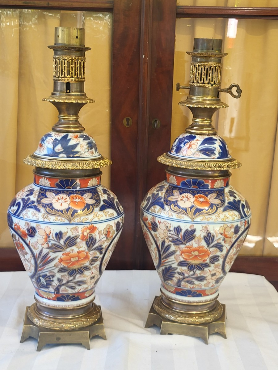 Paire de  grandes potiches/ lampes Imari Japon  XIXe   monture bronze doré -photo-4