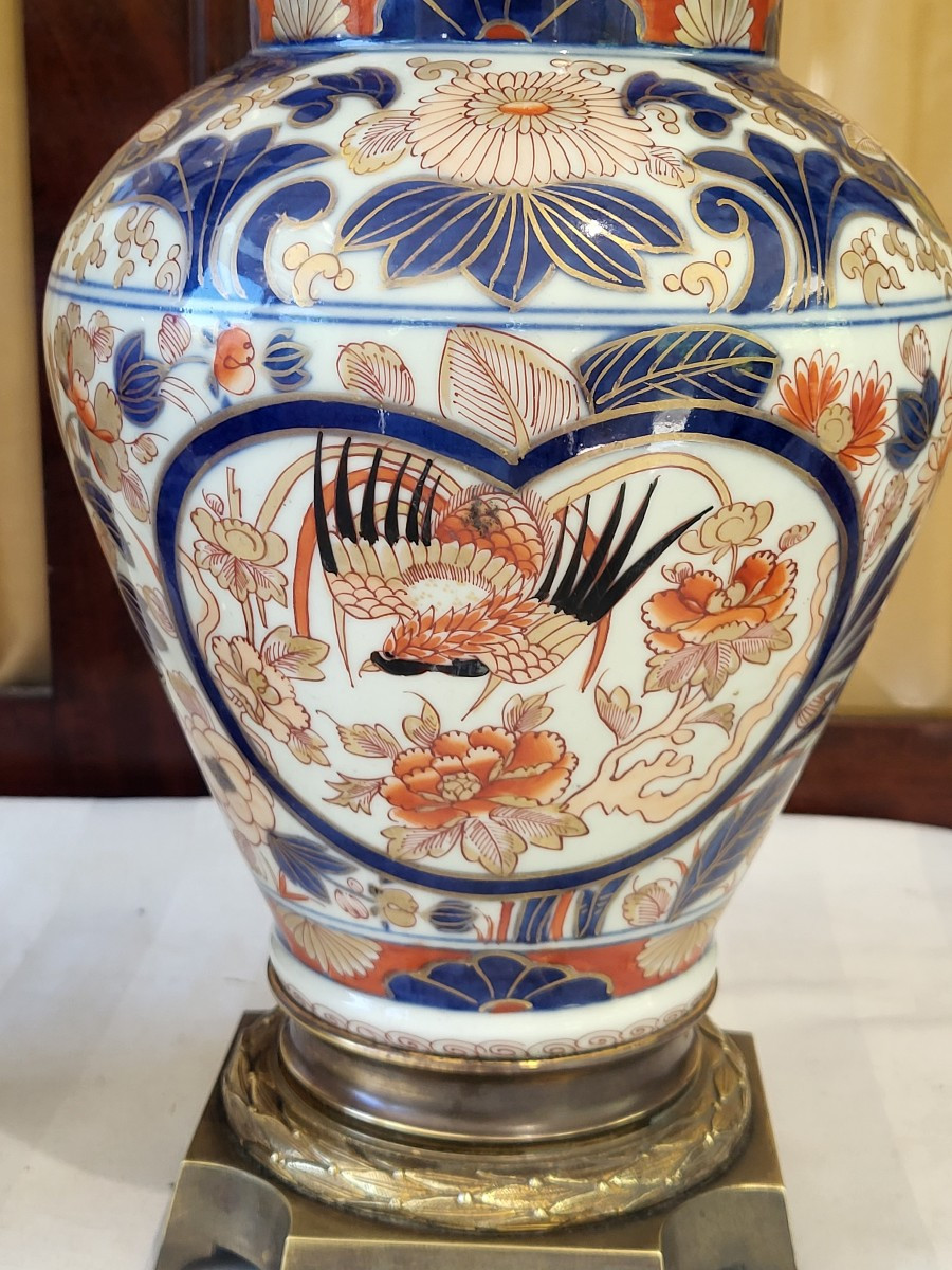 Paire de  grandes potiches/ lampes Imari Japon  XIXe   monture bronze doré -photo-5
