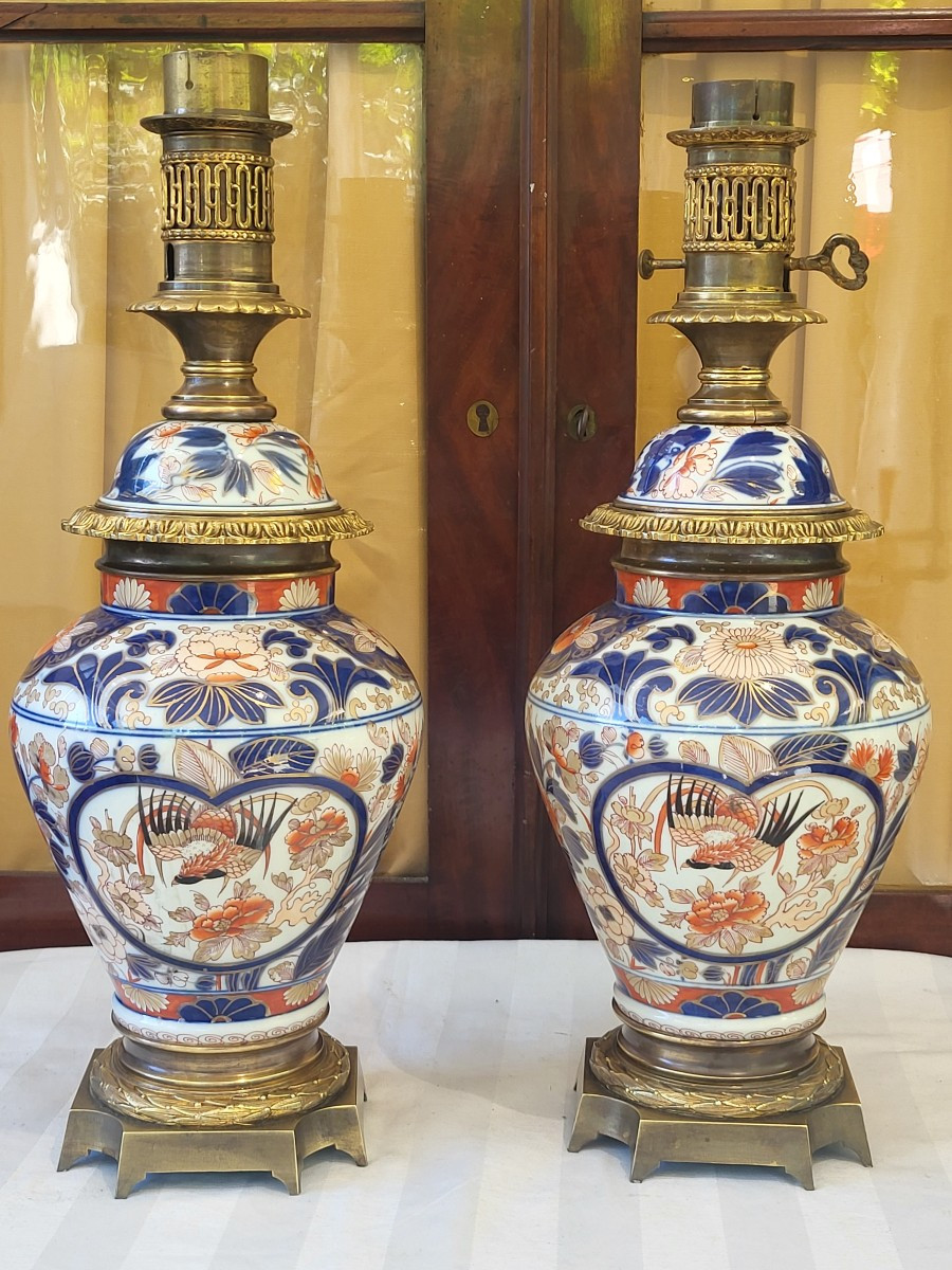 Paire de  grandes potiches/ lampes Imari Japon  XIXe   monture bronze doré -photo-6