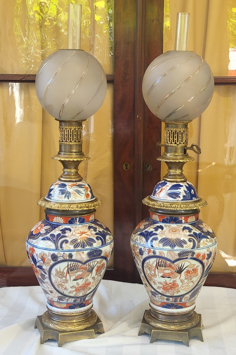 Paire de  grandes potiches/ lampes Imari Japon  XIXe   monture bronze doré -photo-8
