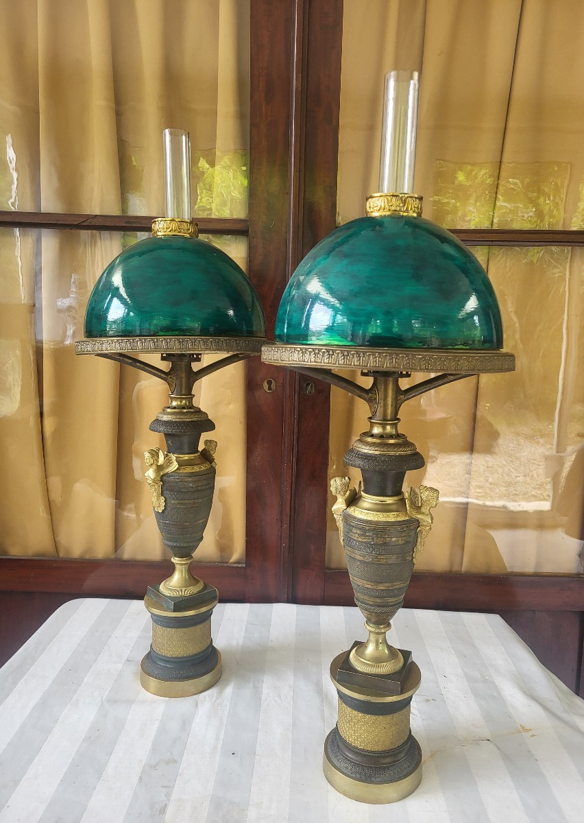 Paire de lampes Carcel  bronze époque Empire  début XIXe -photo-1