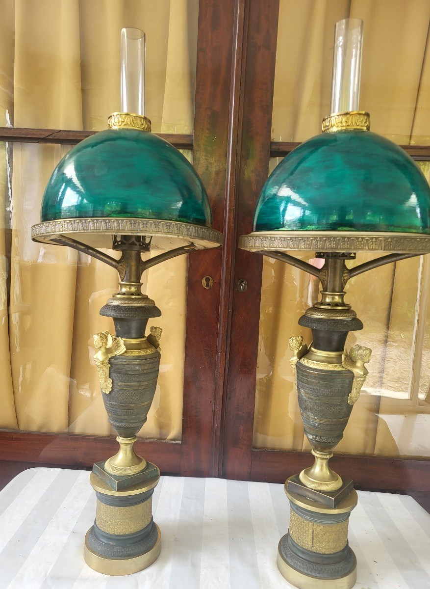 Paire de lampes Carcel  bronze époque Empire  début XIXe 