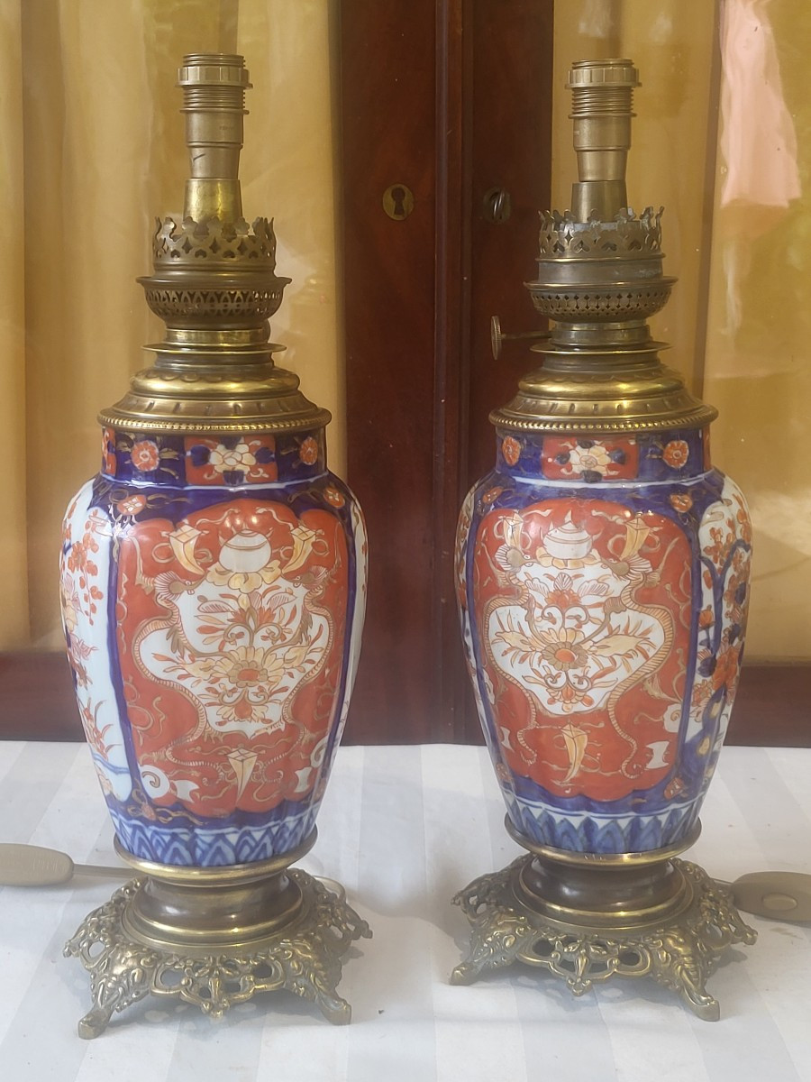 Pair Of Lamps Imari Porcelain Japan Late 19th Elect. H 74-photo-2