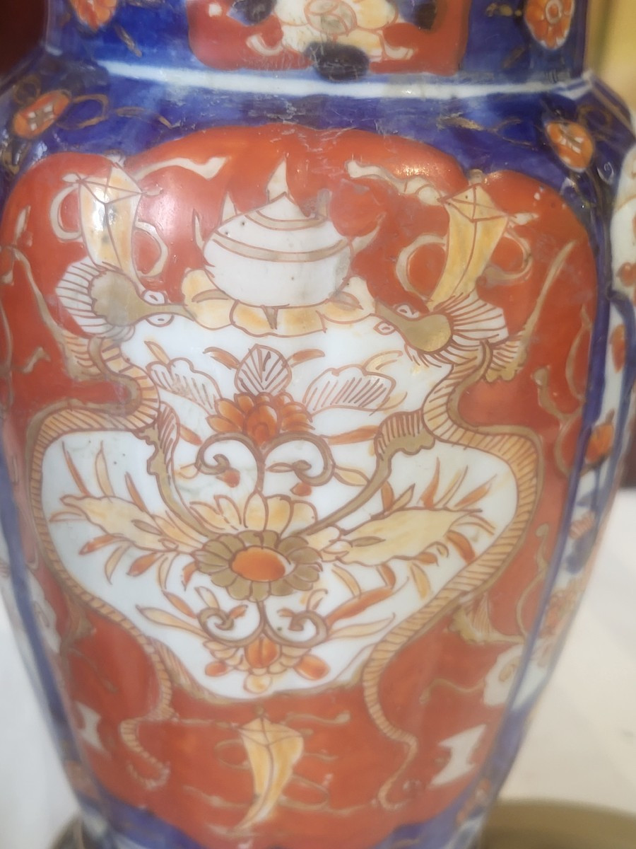 Pair Of Lamps Imari Porcelain Japan Late 19th Elect. H 74-photo-4