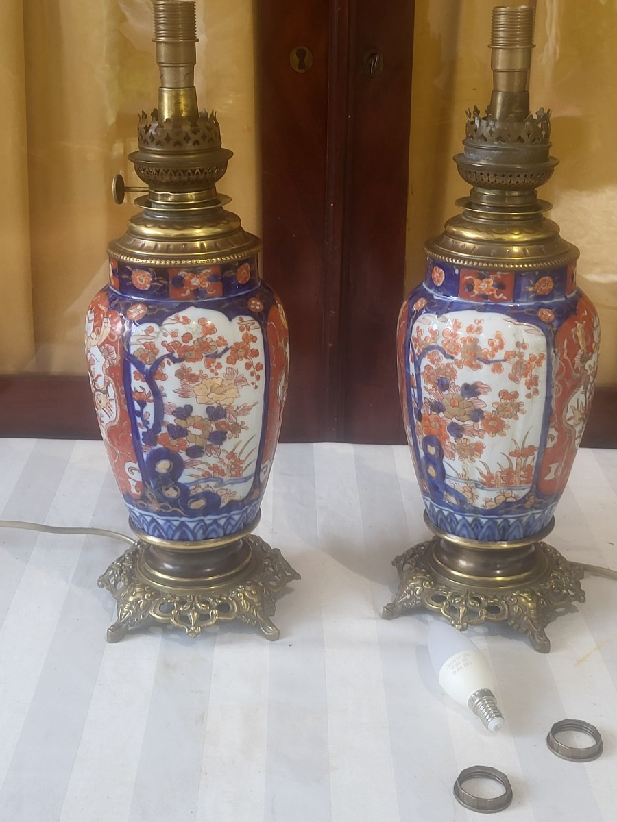 Pair Of Lamps Imari Porcelain Japan Late 19th Elect. H 74-photo-5