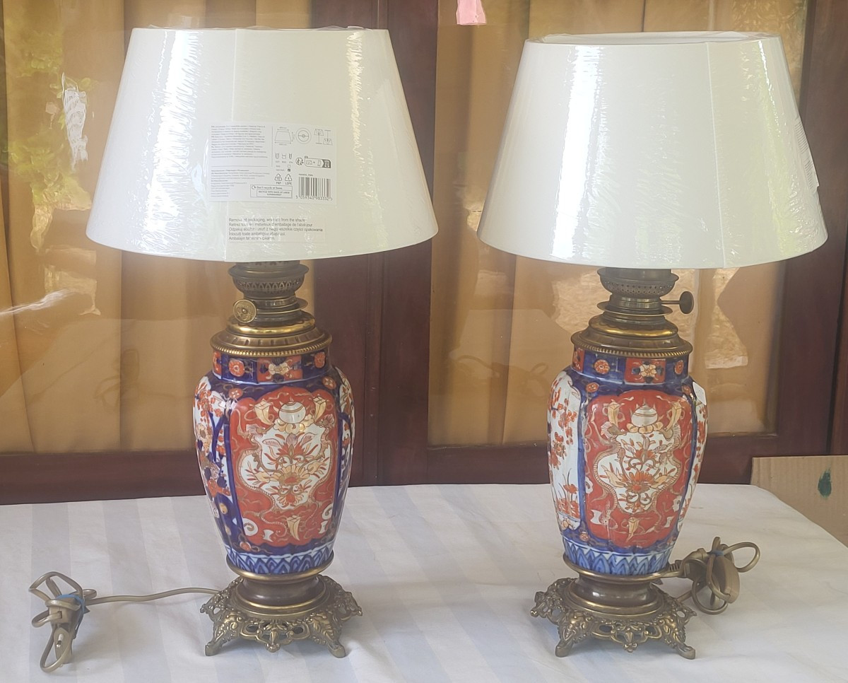 Paire de  lampes Porcelaine Imari  Japon fin XIXe  elect. H 74-photo-6