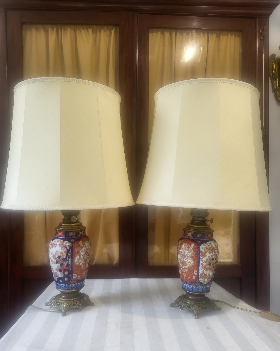 Pair Of Lamps Imari Porcelain Japan Late 19th Elect. H 74
