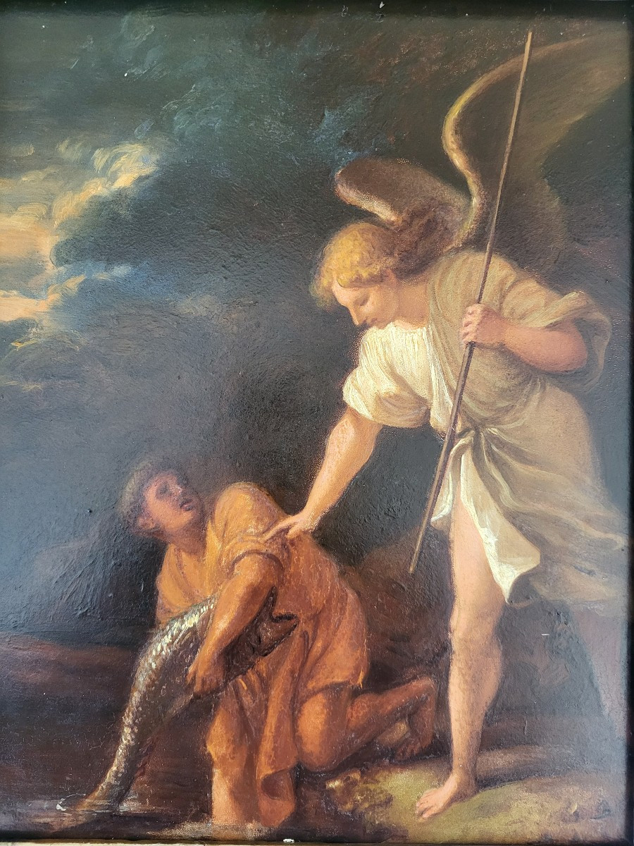 Early 19th Century French School Oil On Panel Tobi And The Angel-photo-2