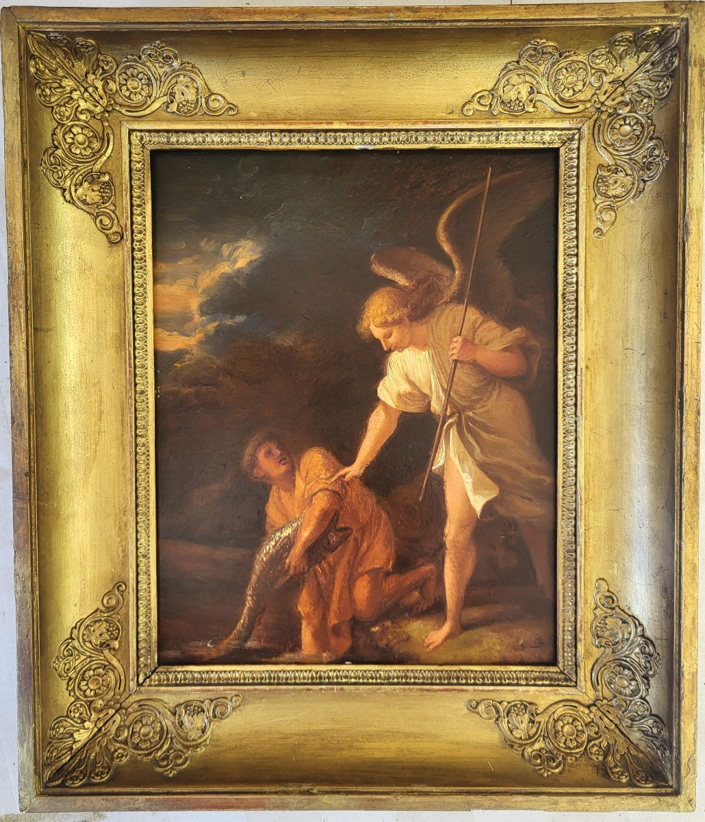 Early 19th Century French School Oil On Panel Tobi And The Angel
