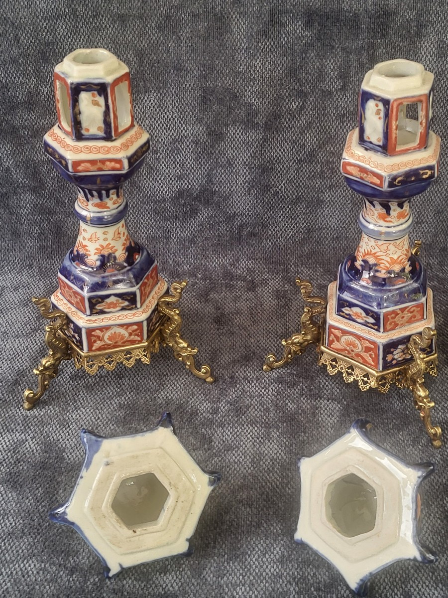 Paire de   lanternes bougeoirs Porcelaine Imari Japon XIXe  monture bronze -photo-2