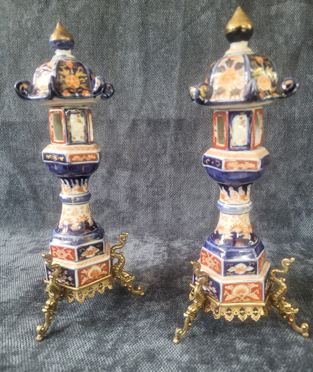 Paire de   lanternes bougeoirs Porcelaine Imari Japon XIXe  monture bronze -photo-4