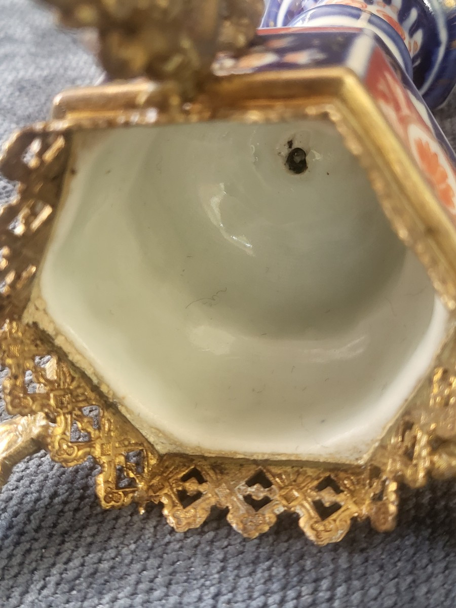 Paire de   lanternes bougeoirs Porcelaine Imari Japon XIXe  monture bronze -photo-2