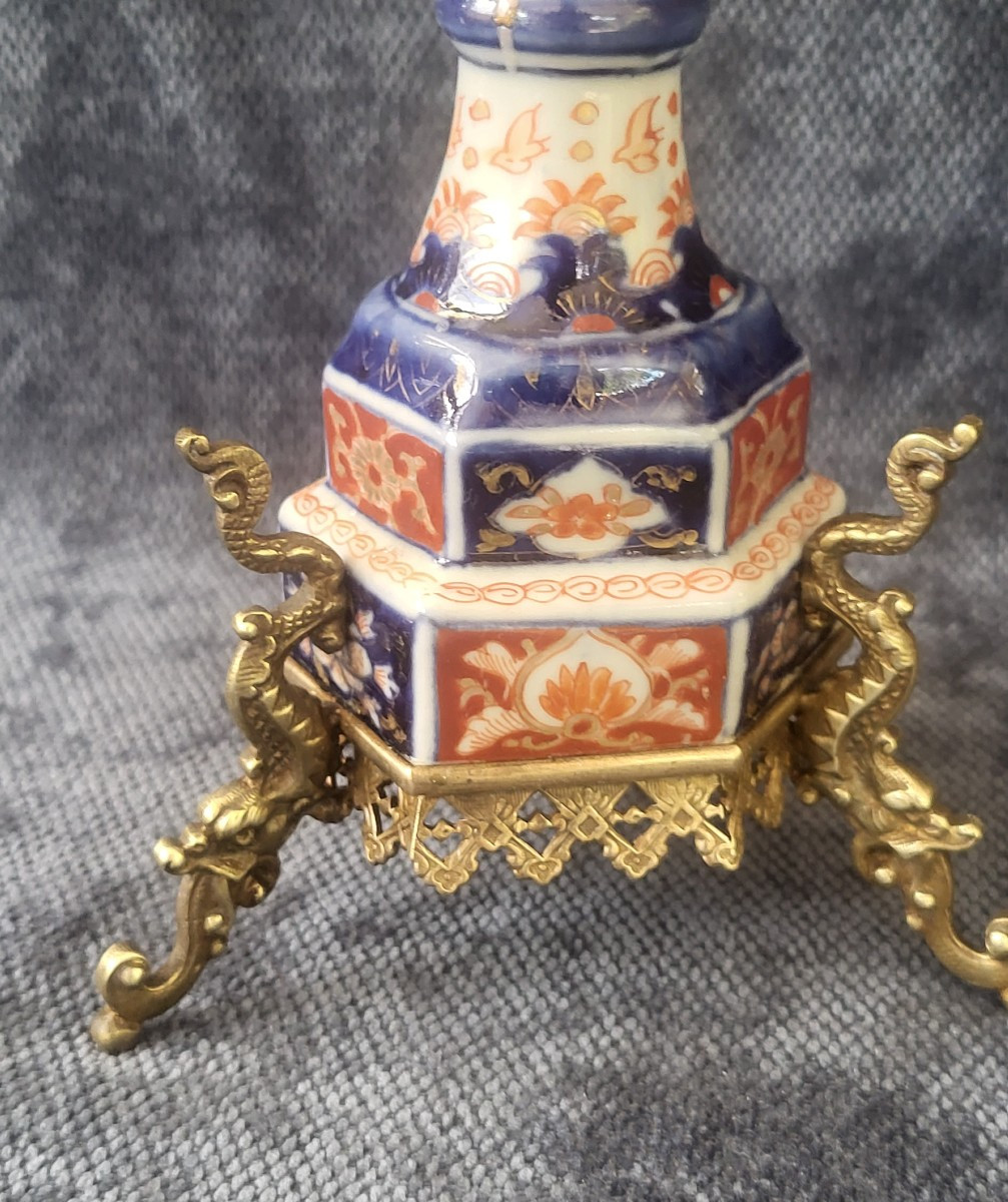 Paire de   lanternes bougeoirs Porcelaine Imari Japon XIXe  monture bronze -photo-6
