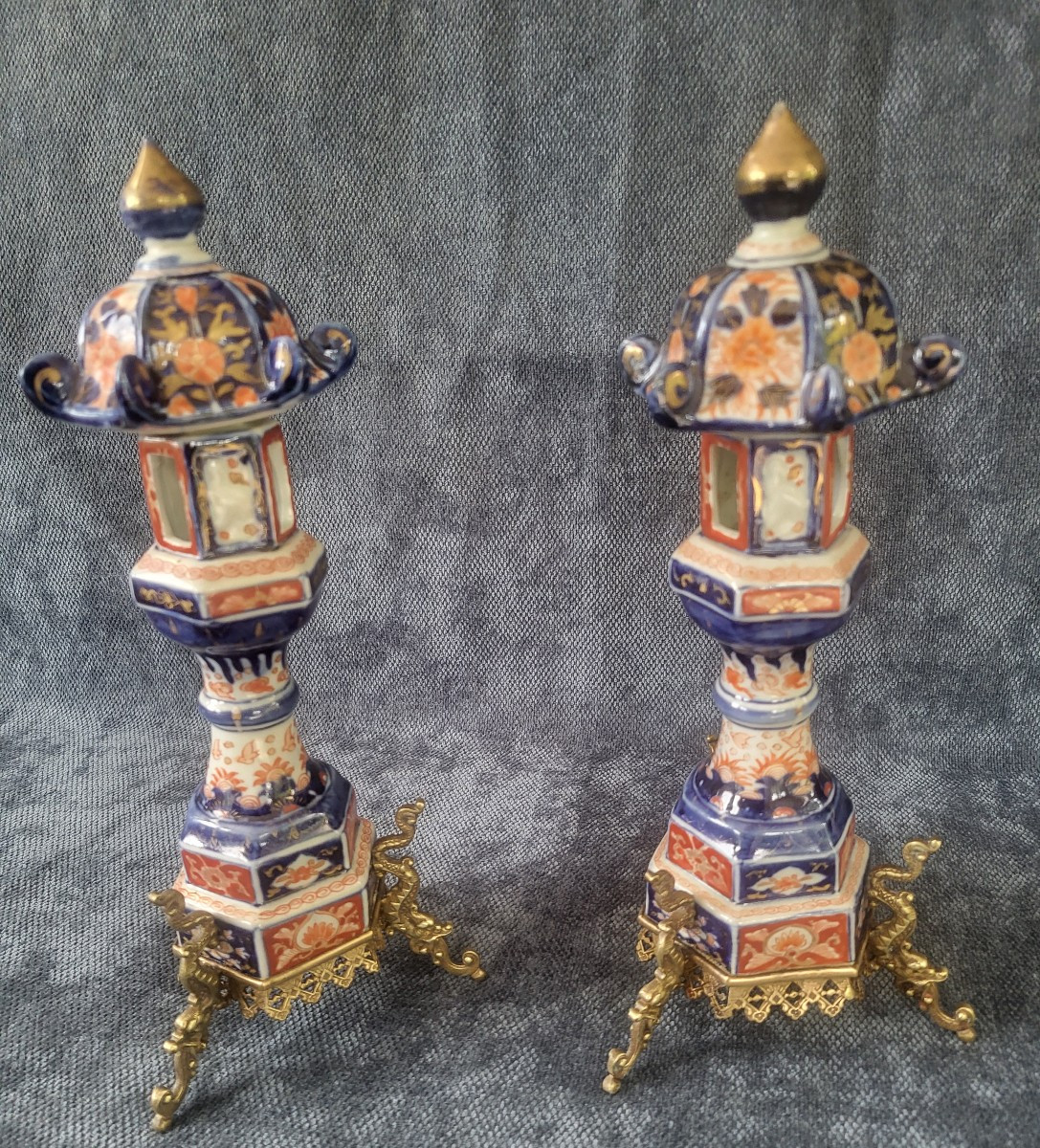 Paire de   lanternes bougeoirs Porcelaine Imari Japon XIXe  monture bronze -photo-8