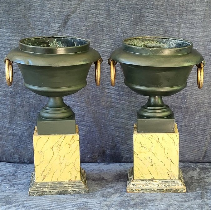 Paire de cassolettes  jardinières tôle peinte  époque Empire début XIXe H40cm-photo-2