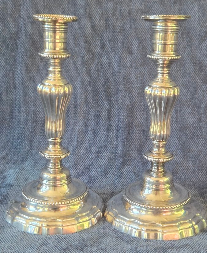 Paire de flambeaux argent plaqué époque  Louis  XV 