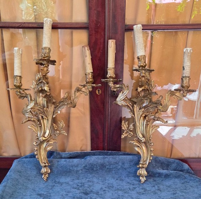 Pair Of Large Wall Sconces, Louis XV-style Bronze, 19th Century -photo-2