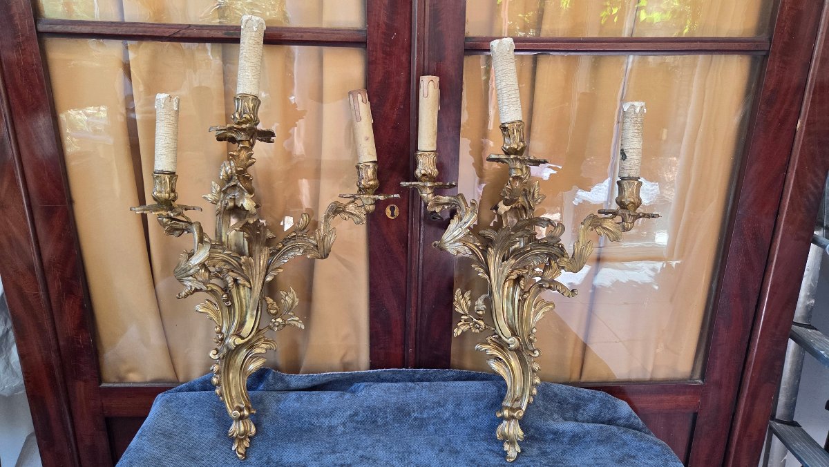 Pair Of Large Wall Sconces, Louis XV-style Bronze, 19th Century -photo-6