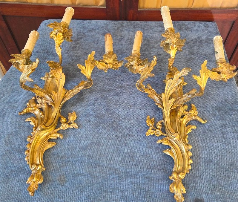 Pair Of Large Wall Sconces, Louis XV-style Bronze, 19th Century -photo-8