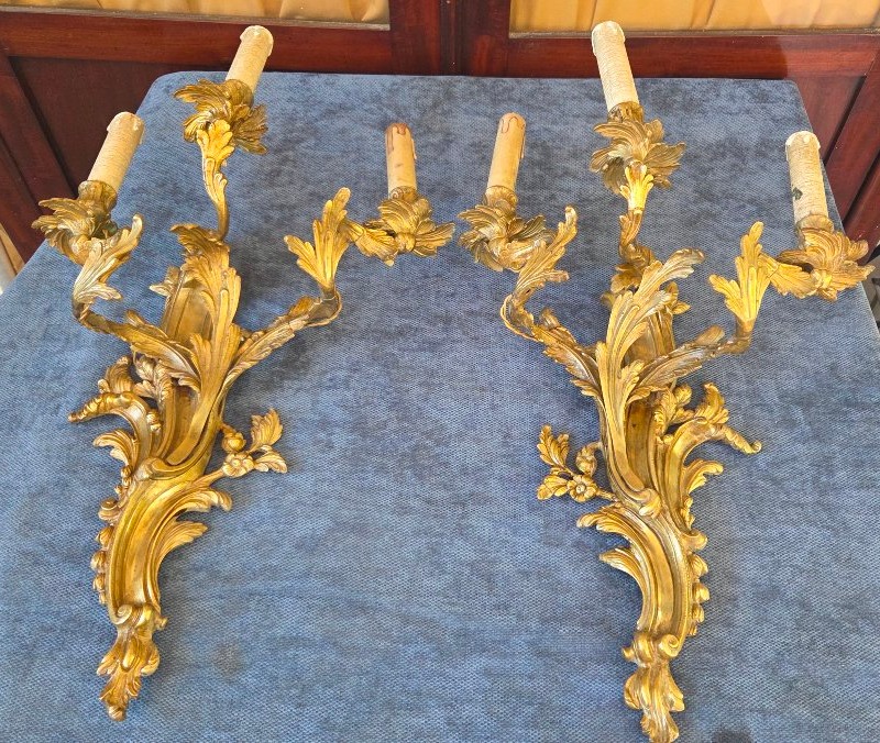 Pair Of Large Wall Sconces, Louis XV-style Bronze, 19th Century 