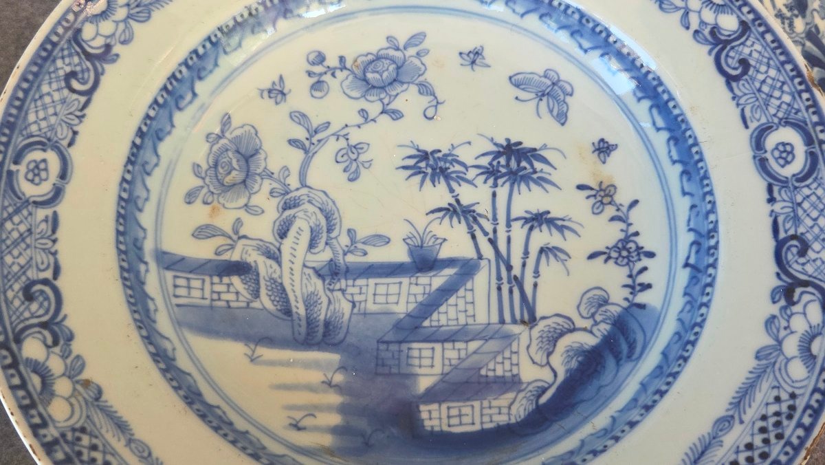 Ensemble  de 7 assiettes porcelaine  blanc bleu Chine XVIIIe-photo-3