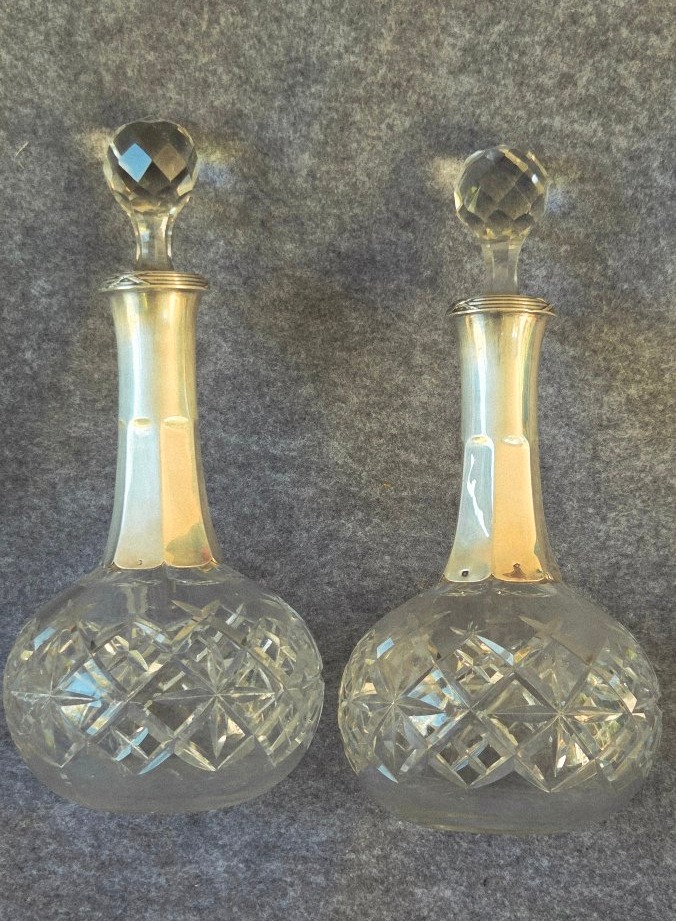 Pair Of Baccarat Carafes With Silver Mounts By M. Nicoud, Paris, Early 20th Century -photo-3