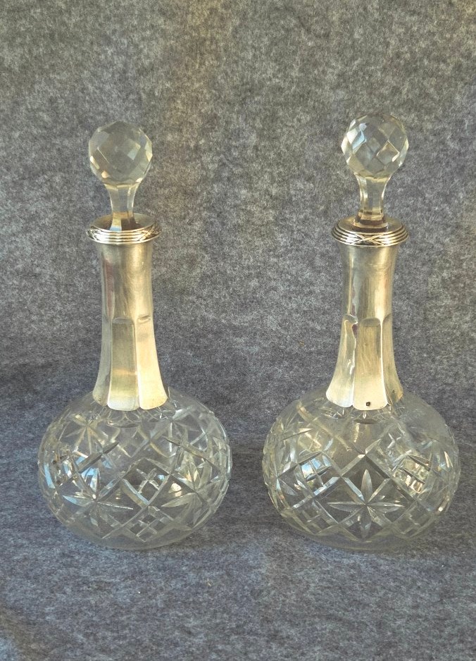 Pair Of Baccarat Carafes With Silver Mounts By M. Nicoud, Paris, Early 20th Century -photo-4