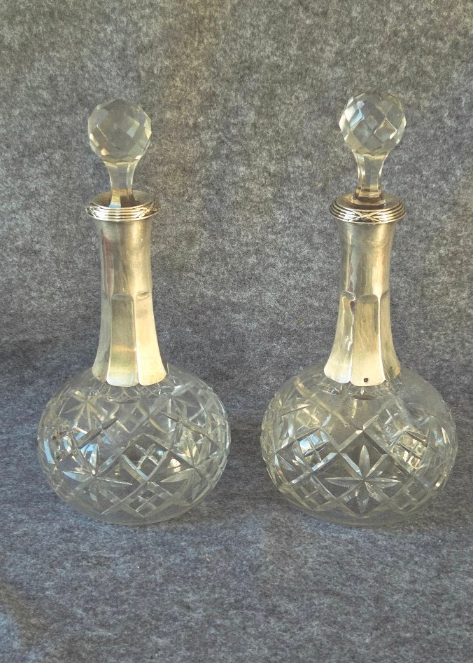 Pair Of Baccarat Carafes With Silver Mounts By M. Nicoud, Paris, Early 20th Century -photo-7