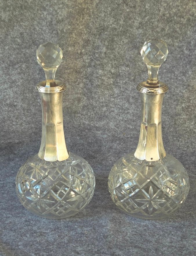 Pair Of Baccarat Carafes With Silver Mounts By M. Nicoud, Paris, Early 20th Century 