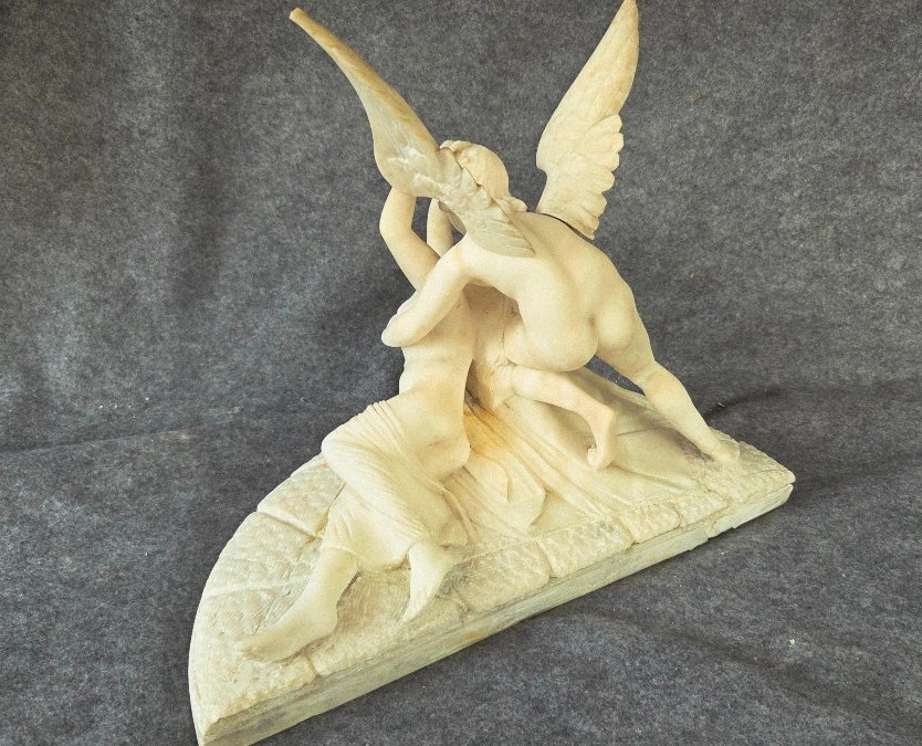 Alabaster Sculpture Of Psyche And Cupid, Late 19th Century -photo-3