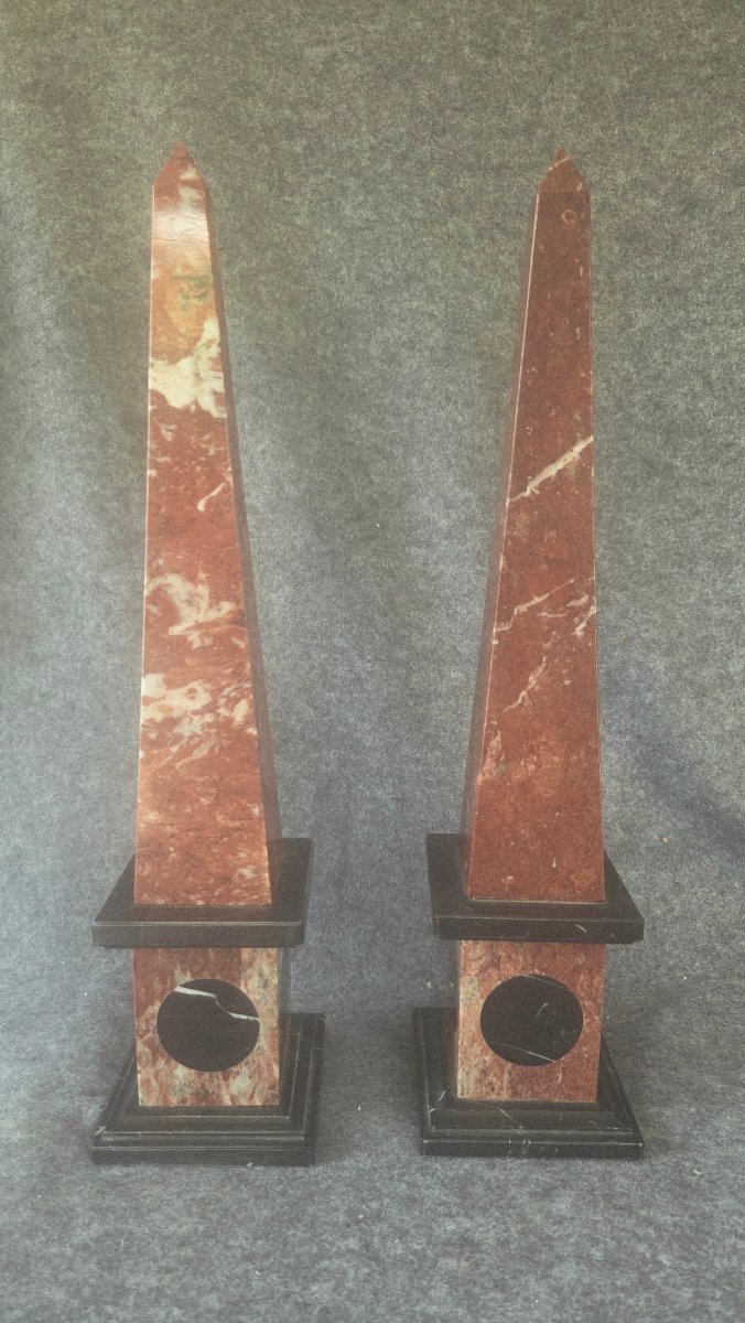 Pair Of Large Obelisks Made Of Two-tone Marble, Late 19th Century -photo-6