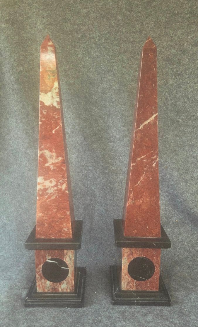 Pair Of Large Obelisks Made Of Two-tone Marble, Late 19th Century 