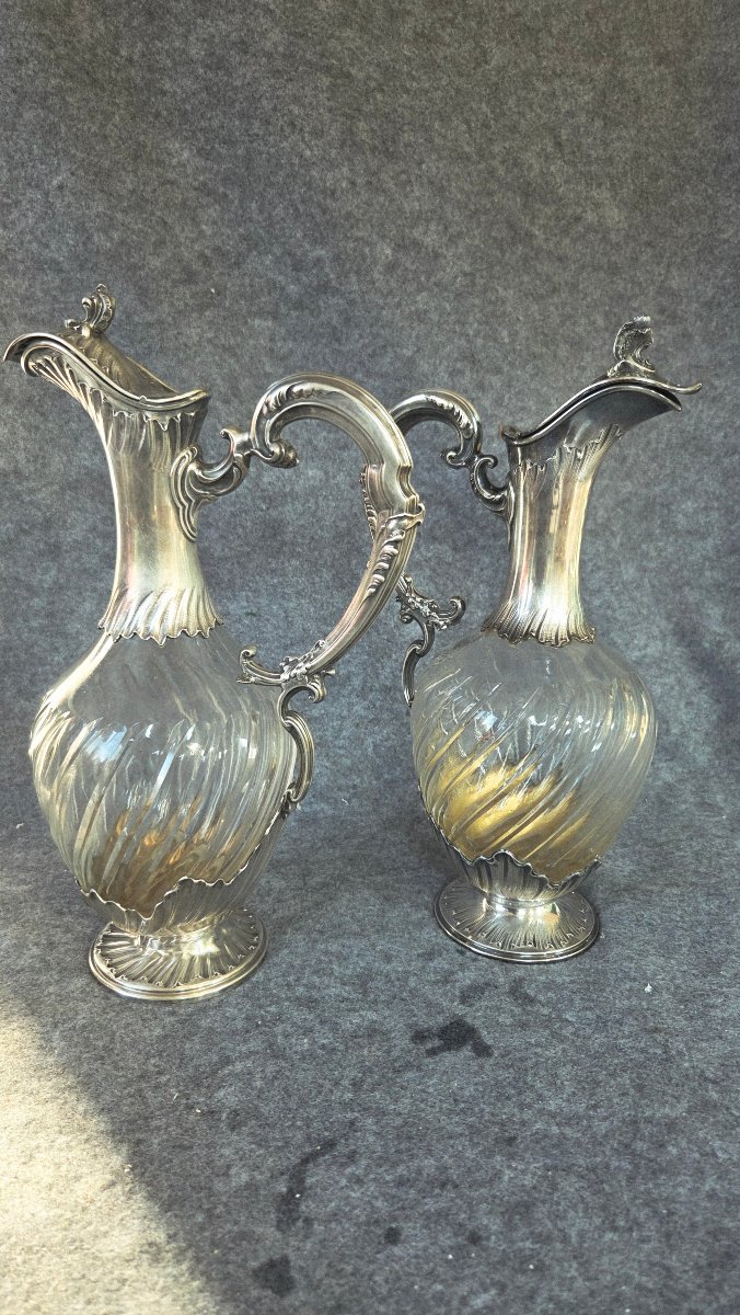 Paire d 'aiguieres  Louis XV  cristal et argent Minerve fin XIXe -photo-4