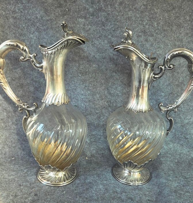 Paire d 'aiguieres  Louis XV  cristal et argent Minerve fin XIXe 