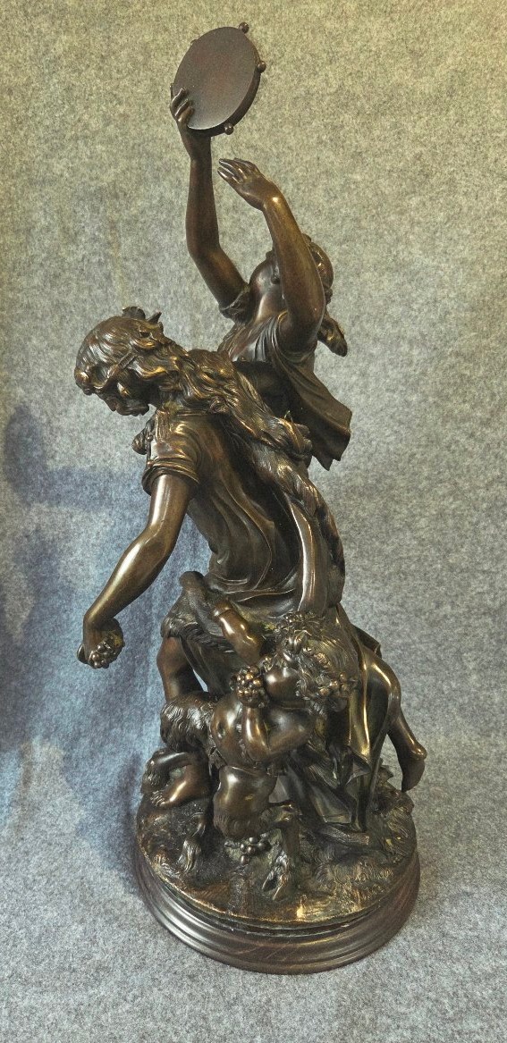Large Bronze Sculpture Of Bacchantes And A Faun, Signed Clodion, H 63 Cm-photo-3