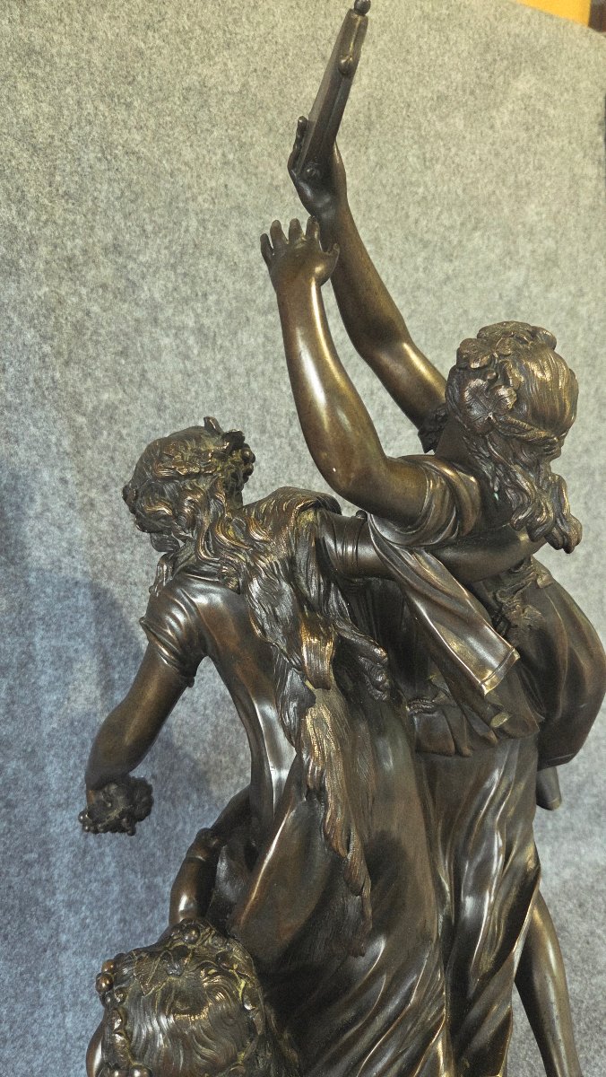 Large Bronze Sculpture Of Bacchantes And A Faun, Signed Clodion, H 63 Cm-photo-4
