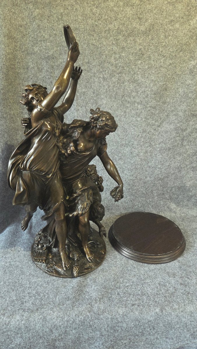 Large Bronze Sculpture Of Bacchantes And A Faun, Signed Clodion, H 63 Cm-photo-7
