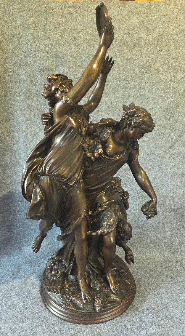 Large Bronze Sculpture Of Bacchantes And A Faun, Signed Clodion, H 63 Cm