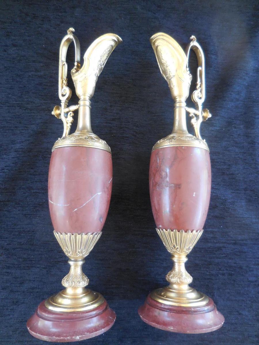 Pair Of Ewers Ornament Bronze Marble Nineteenth Time-photo-2