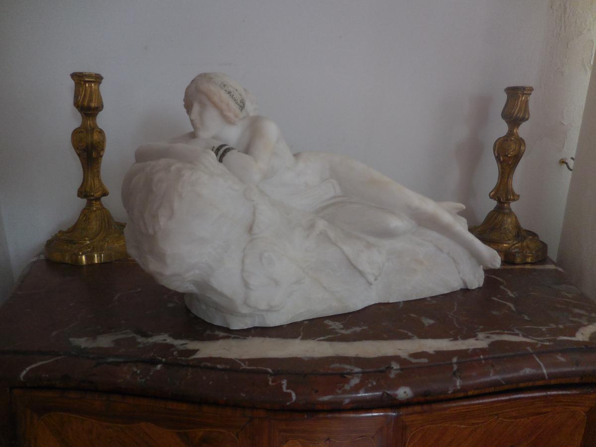 Sculpture White Marble Odalisque Signed Gambogi-photo-7