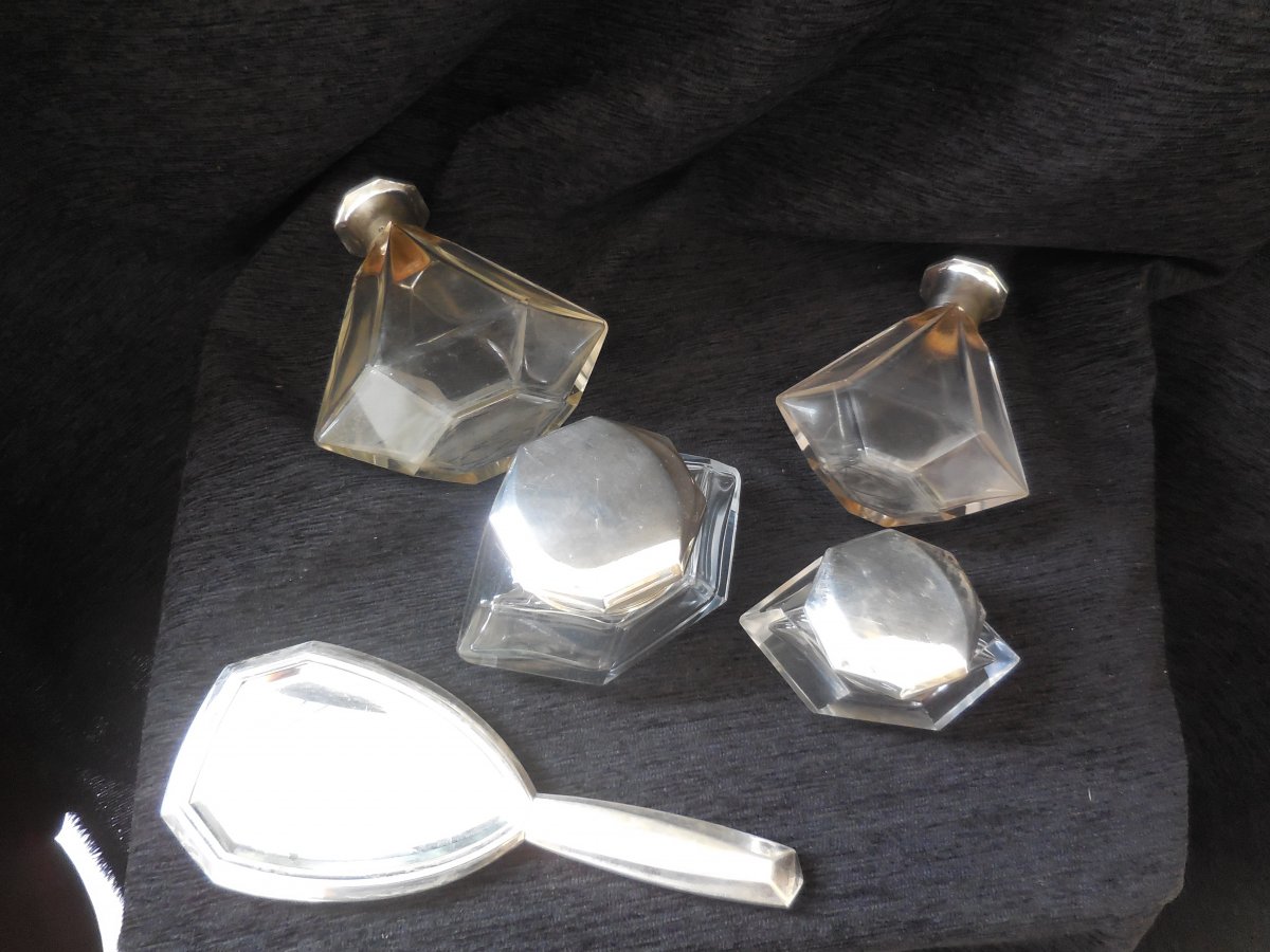 Art Deco Period Toilet Trim In Silver And Crystal 9 Pieces-photo-3