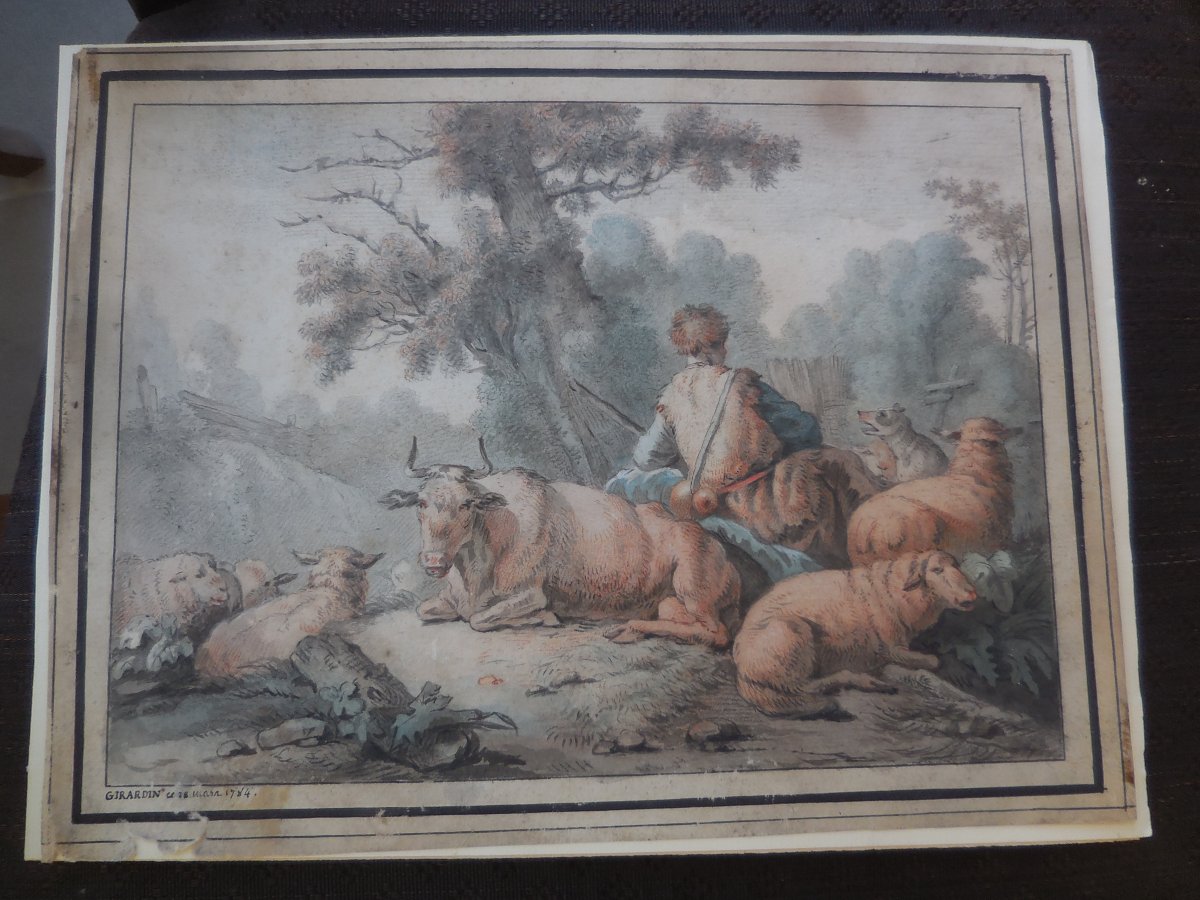 Aquarelle Signée Girardin Et Datée 1784 Pastorale   époque XVIIIe M Cadre Bois Doré-photo-2