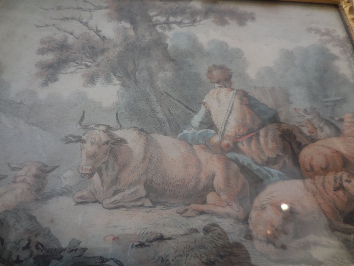 Aquarelle Signée Girardin Et Datée 1784 Pastorale   époque XVIIIe M Cadre Bois Doré-photo-3