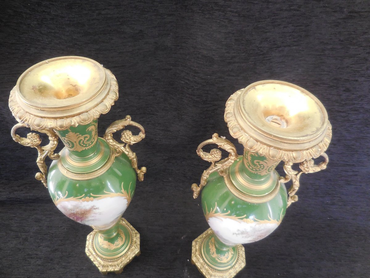 Pair Of Porcelain Vases Mounted Bronze Sèvres Decor 19th Century-photo-1